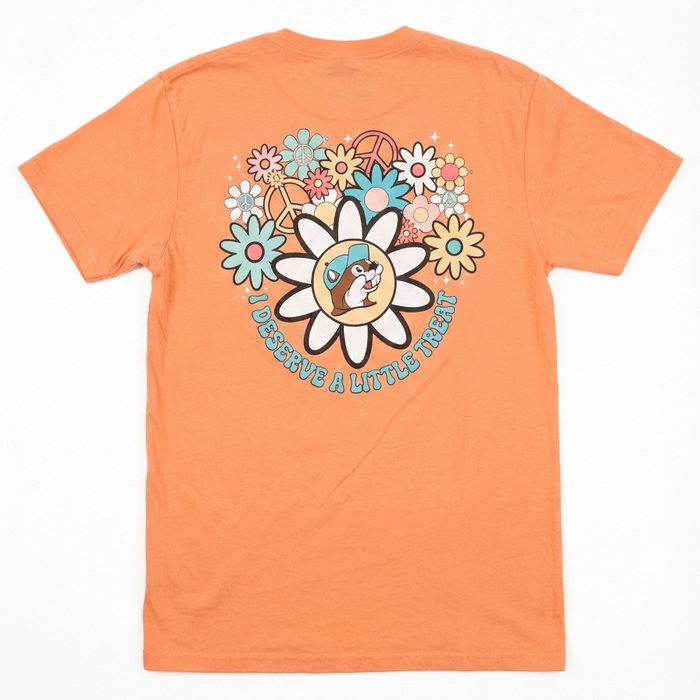 Back view of the Buc-ee's "I Deserve A Little Treat" Coral Shirt youth shirt.