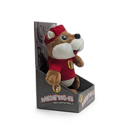 Buc-ee’s Dancin’ Buc-ee plush at an angle, showing its side profile and the open-front display box