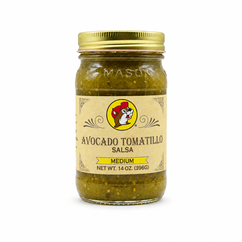 Jar of Buc-ee's Avocado Tomatillo Salsa, Medium, 16 oz, with gold lid, on white