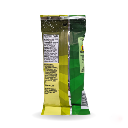 Back of the green Lemon Lime Cosmic Pops bag showing nutrition facts, on white
