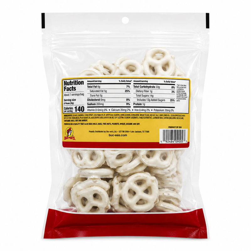 Back of the Buc-ee's Vanilla Yogurt Pretzels bag showing nutrition facts