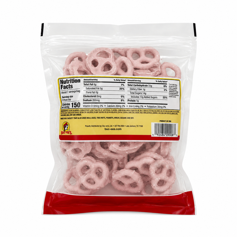Back of the Buc-ee's Strawberry Yogurt Pretzels bag showing nutrition facts