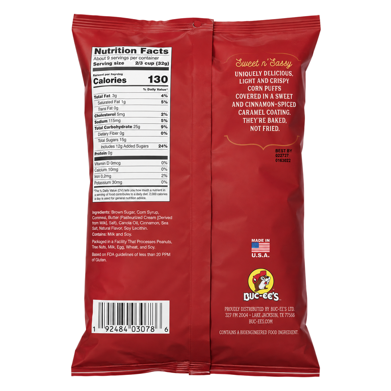 Back of Buc-ee's Beaver Nuggets Cinnamon Sweet 10 oz bag with nutrition facts, ingredients and allergen statement
