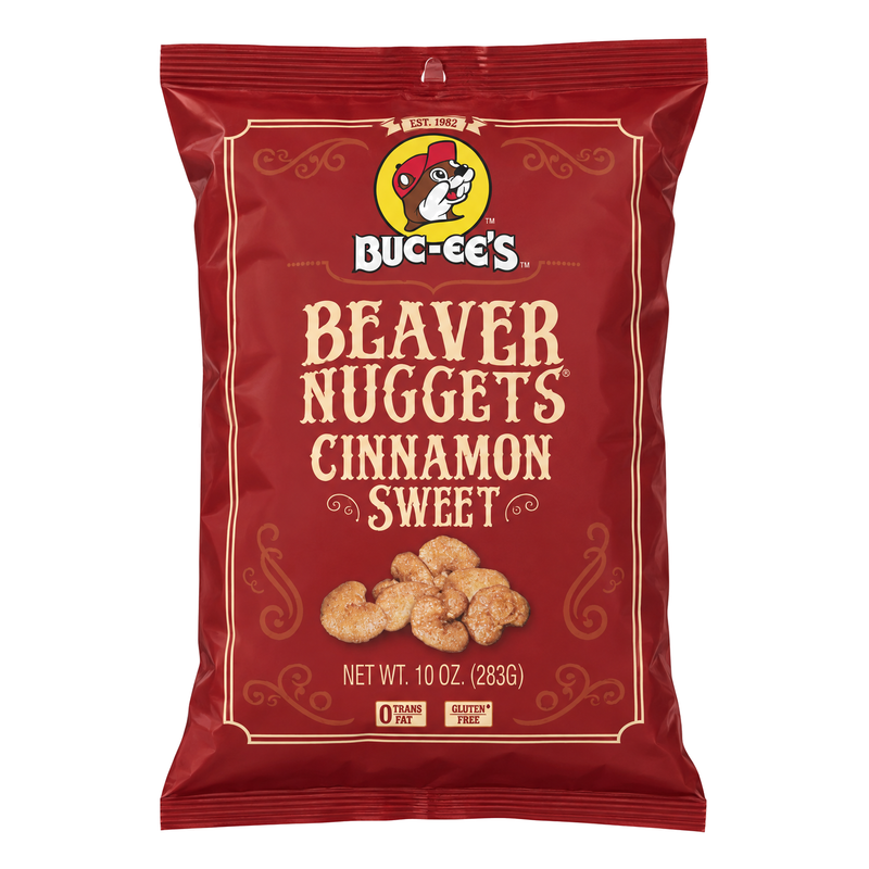 Front of Buc-ee's Beaver Nuggets Cinnamon Sweet 10 oz bag with Buc-ee the Beaver logo