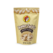 Bag of Buc-ee's Beaver Twists White Fudge, 3 oz, with fudge-coated corn twists pictured, on white