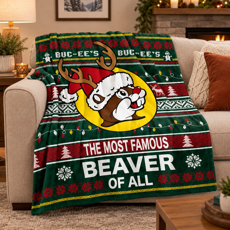 Buc-ee's Christmas "The Most Famous Beaver of All" Throw Blanket