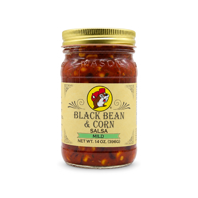 Jar of Buc-ee's Black Bean & Corn Salsa, Mild, 16 oz, with gold lid, on white
