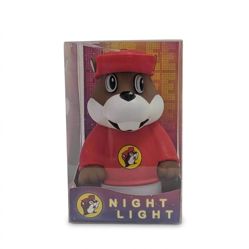 Buc-ee’s Night Light shaped like the beaver mascot in a red cap and shirt, packed in a clear-window box