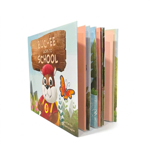 Buc-ee Goes to School children’s book standing open with pages fanned out to show its full-color illustrations