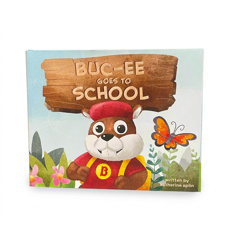 Buc-ee Goes to School children’s book by Katherine Aplin, cover showing the beaver with a backpack and an orange butterfly