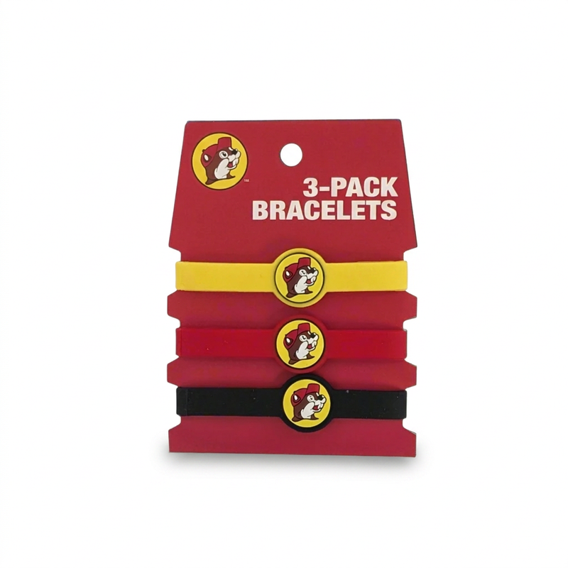 Buc-ee’s 3-Pack Bracelets in yellow, red, and black, each with a round beaver logo charm, on a red display card