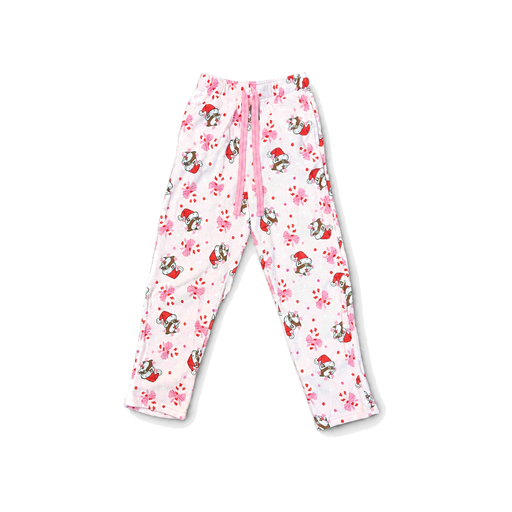 Pink Buc-ee's youth Christmas sherpa pants with Santa Buc-ee and candy canes