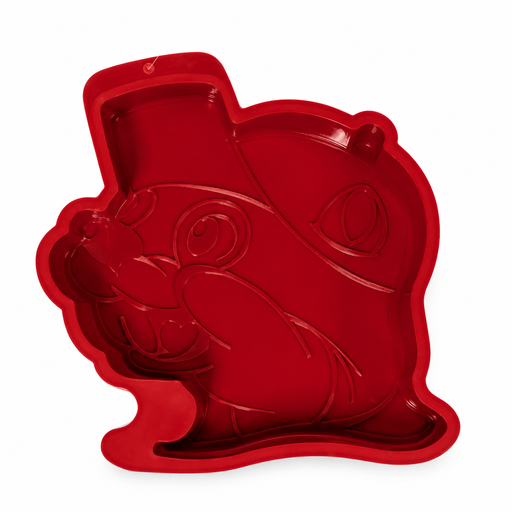 Buc-ee's 10-inch red silicone bakeware mold shaped like the smiling beaver mascot in a cap, with embossed face details