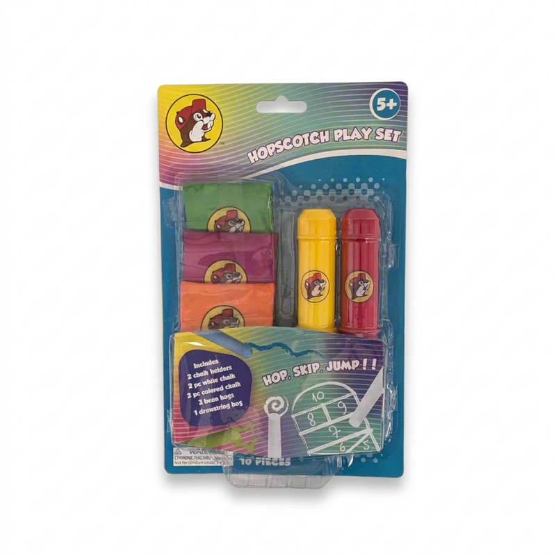 Buc-ee’s 10-piece hopscotch play set for ages 5+ with 3 beaver logo bean bags, chalk, and yellow and red chalk holders