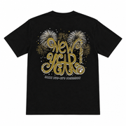 Buc-ee's 2025 New Year youth T-shirt in black, back view with gold script lettering, fireworks, and beaver logo
