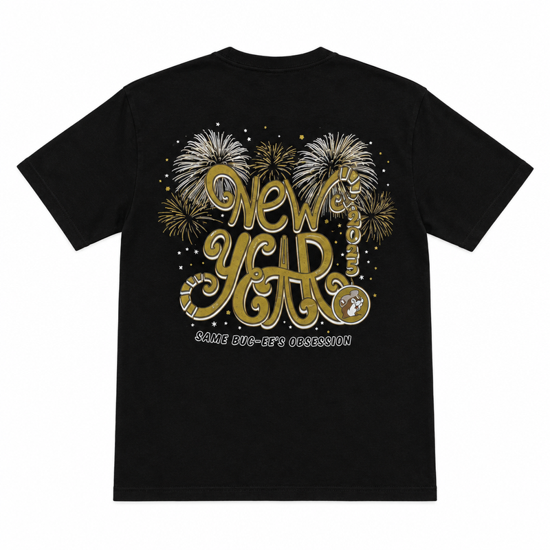 Buc-ee's 2025 New Year youth T-shirt in black, back view with gold script lettering, fireworks, and beaver logo
