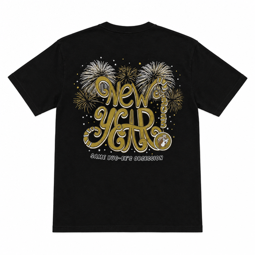 Buc-ee's 2025 New Year youth T-shirt in black, back view with gold script lettering, fireworks, and beaver logo
