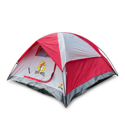 Buc-ee’s 3 person dome tent in red and gray with beaver logo on the front door panel, fully pitched