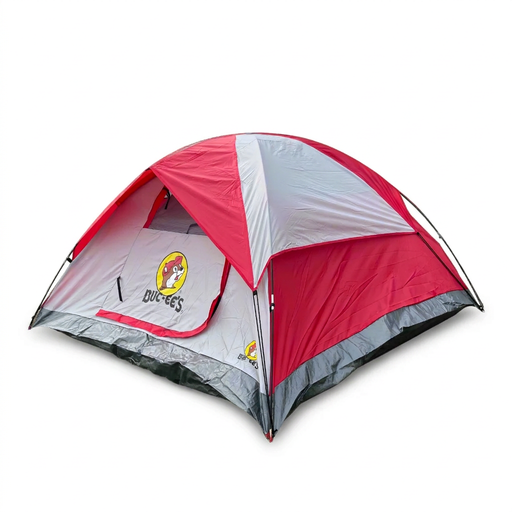 Buc-ee’s 3 person dome tent in red and gray with beaver logo on the front door panel, fully pitched