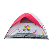 Front view of Buc-ee’s 3 person tent with door flap partly unzipped, showing the beaver logo and wordmark