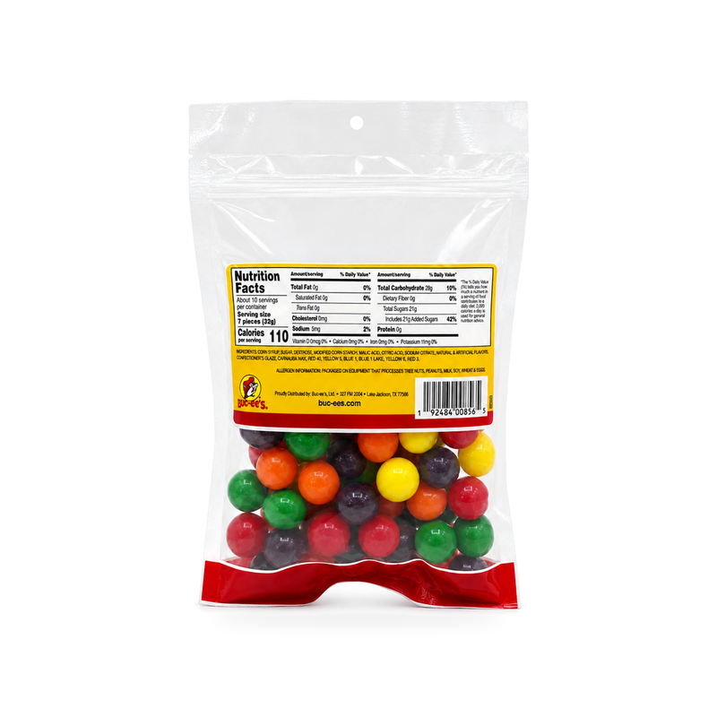 Buc-ee's Assorted Sours candy in a 12 oz clear bag, filled with red, orange, yellow, green, and dark purple sour candy balls