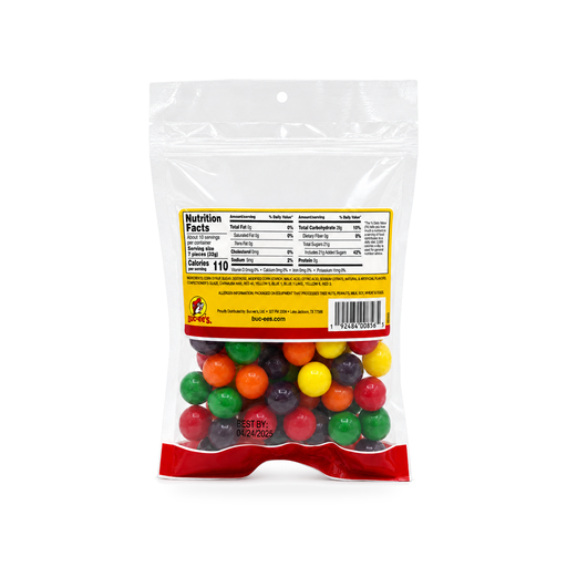 Buc-ee's Assorted Sours candy in a 12 oz clear bag, filled with red, orange, yellow, green, and dark purple sour candy balls