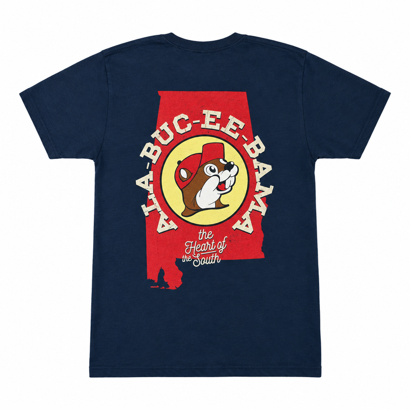 Buc-ee's Ala-Buc-Ee-Bama navy t-shirt, back view with beaver logo on a red Alabama map and "the Heart of the South"