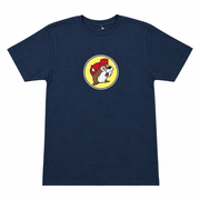 Buc-ee's Ala-Buc-Ee-Bama navy crewneck t-shirt, front view with the beaver mascot logo in a yellow circle on the chest