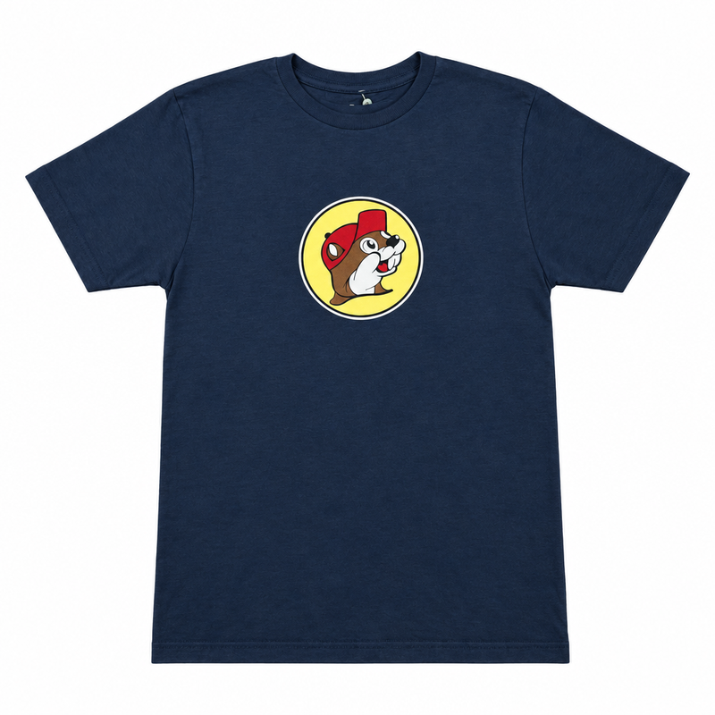 Buc-ee's Ala-Buc-Ee-Bama navy crewneck t-shirt, front view with the beaver mascot logo in a yellow circle on the chest