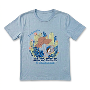 “I Will Stop For Buc-ee’s & Bluebonnets” shirt in light blue, front view with cacti, cowboy hat, and Texas outline
