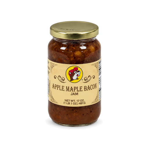 Buc-ee's Apple Maple Bacon Jam in a 17 oz glass jar with a gold lid and vintage label featuring the beaver logo