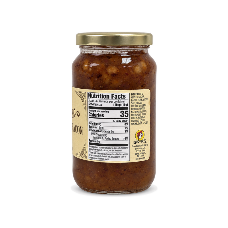 Buc-ee's Apple Maple Bacon Jam glass jar showing nutrition facts and ingredients: apples, sugar, bacon, and pork