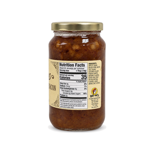 Buc-ee's Apple Maple Bacon Jam glass jar showing nutrition facts and ingredients: apples, sugar, bacon, and pork