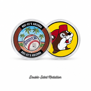 Buc-ee's Arizona double-sided medallion with a Goodyear baseball and palm tree design, beaver logo on back, in clear capsule