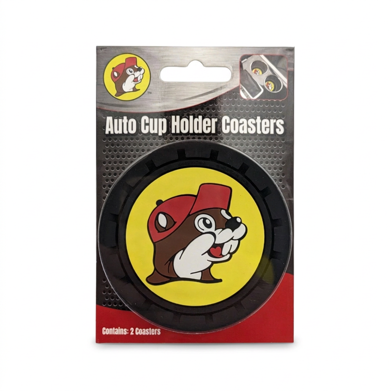 Buc-ee’s Auto Cup Holder Coasters 2-pack, round black car coasters with the yellow beaver logo in the center