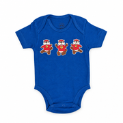 Buc-ee’s baby bodysuit in royal blue with three dancing beavers in red shirts across the chest, envelope neck, and snaps