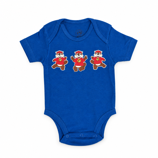 Buc-ee’s baby bodysuit in royal blue with three dancing beavers in red shirts across the chest, envelope neck, and snaps