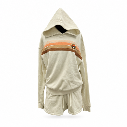 Buc-ee's Baja Striped Hoodie Set: cream hoodie with orange and brown chest stripes, beaver logo patch, and drawstring shorts