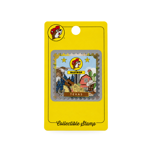 Buc-ee's Bastrop, Texas collectible stamp with longhorn and barn art on a yellow backer card
