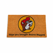Buc-ee's coir doormat featuring the red-cap beaver logo and the phrase "Hope you brought Beaver Nuggets."