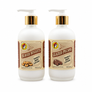 Buc-ee's Beaver Nuggets and Glazed Pecans Hand & Body Lotion in two 8 fl oz white pump bottles with gold collars
