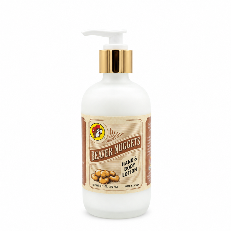 Buc-ee's Beaver Nuggets Hand & Body Lotion in an 8 fl oz frosted white pump bottle with gold collar and nugget label art