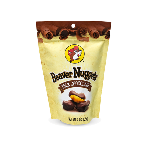 Buc-ee's Beaver Nuggets Milk Chocolate, chocolate-covered corn puff snack in a 3 oz stand-up pouch, a Texas snack favorite