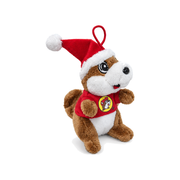Buc-ee's beaver plush Christmas ornament wearing a red Santa hat and red logo T-shirt, with a red loop for hanging