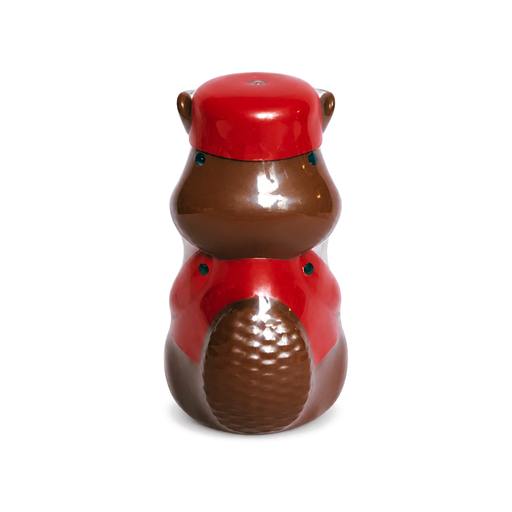 Buc-ee's beaver mascot in a red cap and red shirt with yellow beaver logo, glossy brown and white finish sipper
