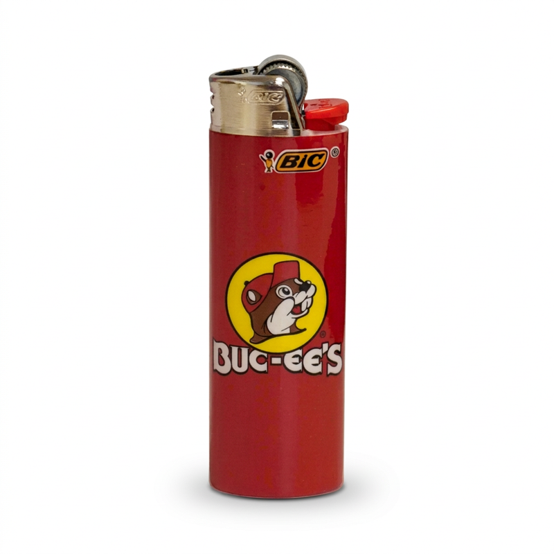 Buc-ee’s BIC lighter in red with the yellow beaver logo and brand name printed on the side