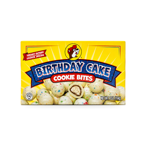 Buc-ee's Birthday Cake Cookie Bites, 4 oz box of rainbow-speckled creamy candy with a cookie center, certified kosher