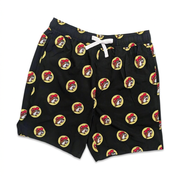 Buc-ee’s black logo swim trunks with all-over yellow beaver logo print, white drawstring, and elastic waist, front view