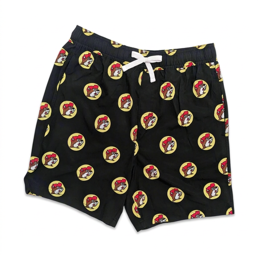 Buc-ee’s black logo swim trunks with all-over yellow beaver logo print, white drawstring, and elastic waist, front view