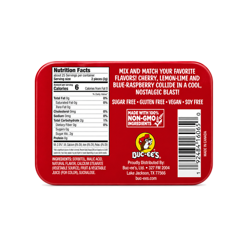Back of the red Buc-ee's Blast Pop Mints tin showing nutrition facts and flavor list